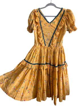 Vintage Western Yellow Floral Ruffle Dress With Puff Sleeves & V-Neckline